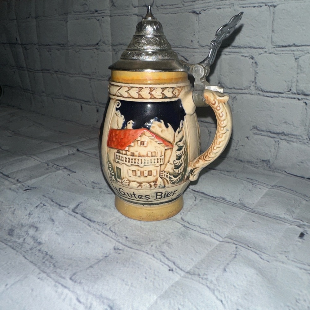 Vintage German Ceramic Beer Stein with Red Roof Church Accent